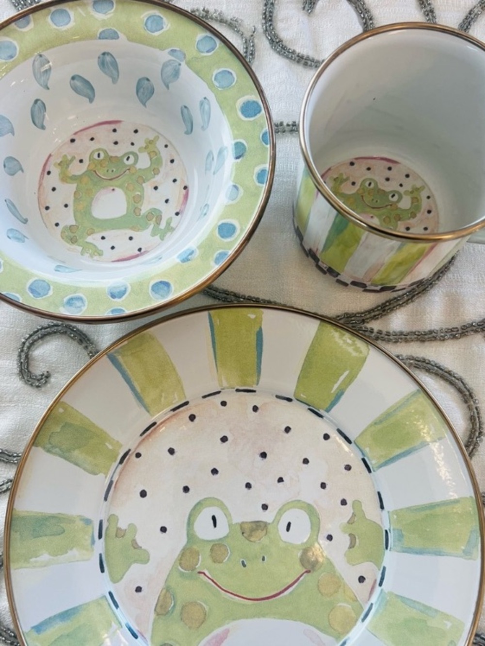 MacKenzie Childs Frog Enameled 3 Piece Children's Set With Plate, Bowl, and Cup